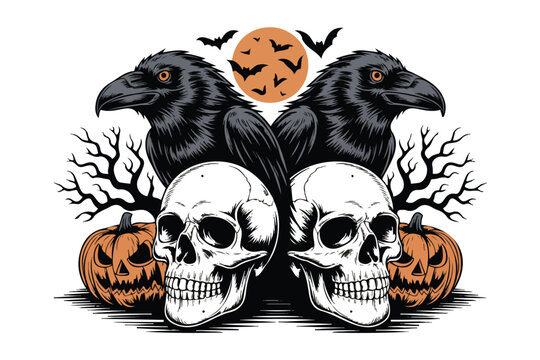 Gothic Raven Skull Vector Design Isolated on White Background
