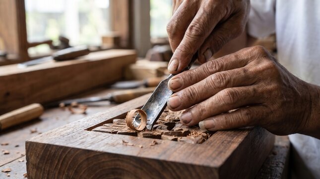 A skilled carpenter uses a sharp metal chisel to carve intricate patterns into a natural block of solid mahogany wood during a professional workshop session focused on traditional manual