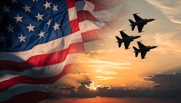 Silhouetted fighter jets flying in formation across a dramatic sunset sky, overlaid with the American flag. A patriotic and powerful photorealistic concept of US military strength and pride.
