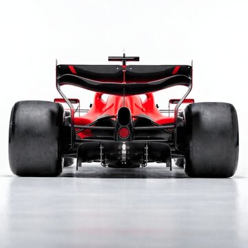 Rear view of a red Formula 1 racing car with a large wing and wide tires isolated on a white background. High-quality 3D render of a motorsport vehicle.
