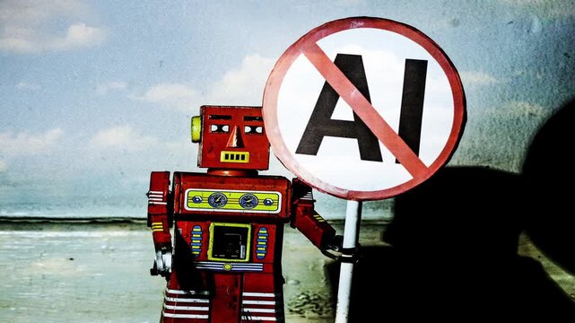 Not  AI sign with a retro robot toy 