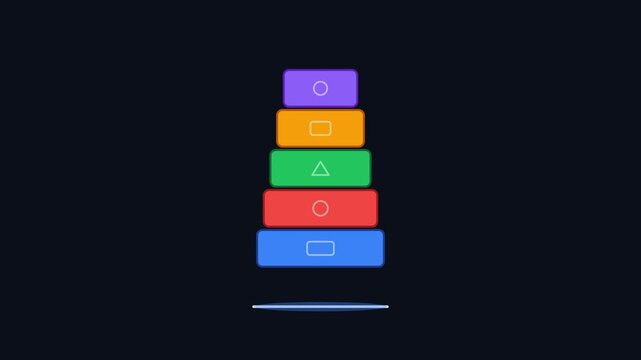 Animated stack of colorful geometric blocks on a dark background.