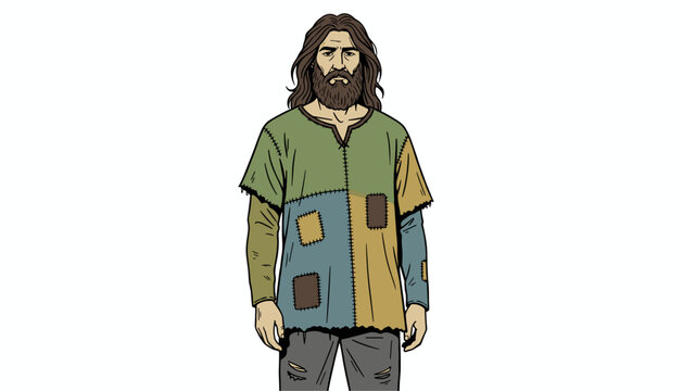 Detailed character illustration of a medieval peasant or vagrant man with long brown hair, a thick beard, and a patched tunic.