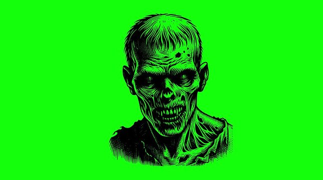 Scary Zombie Face Zooming Out Animated Graphic Green Screen Chroma Key Background Overlay Video