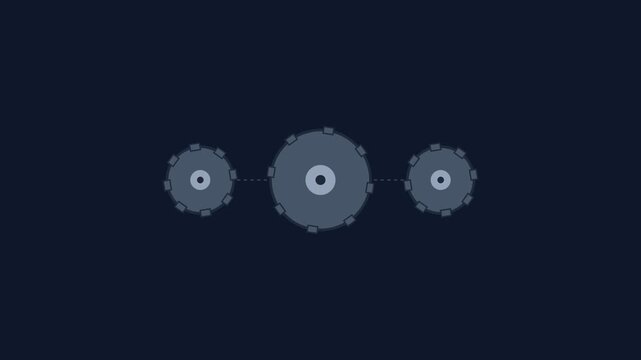 Minimalist flat design illustration of three connected gears on a dark background