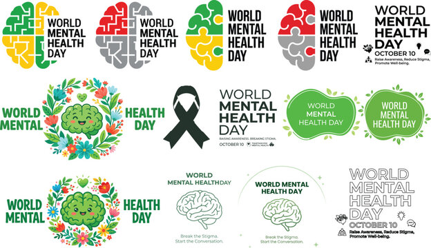 Collection of creative logos and icons for world mental health day featuring brain illustrations and awareness ribbons