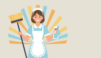 Fototapeta premium Cheerful professional housekeeper wearing a blue uniform and apron, holding a broom and a cleaning spray bottle.