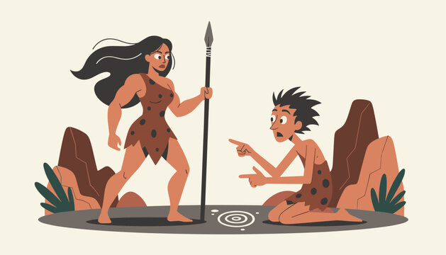 Strong prehistoric cavewoman holding a spear stands before a surprised caveman pointing at ripples in the ground.