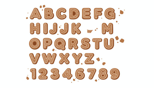 Full holiday alphabet and numbers from one to nine made of sweet Christmas gingerbread cookies with white icing.