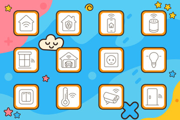 Fototapeta premium Smart home set icon. Connected house, security protection, mobile control, voice assistant, automated blinds, garage access, power outlet, lighting, switch, climate monitoring, surveillance