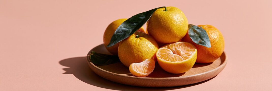 Stacked mandarins with leaves on wooden plate on pastel pink background for food banner and wallpaper design