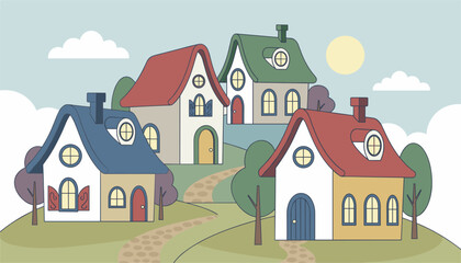 Naklejka premium Colorful cartoon houses on rolling green hills with a stone path under a sunny blue sky creating a cozy village scene.
