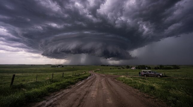 A dramatic supercell thunderstorm with a rotating wall cloud looming over a rural dirt road in the countryside