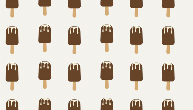 Seamless background pattern of delicious chocolate popsicles with dripping glaze over a soft off white backdrop.