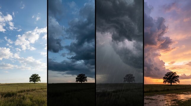 A composite image showing a single tree in a field across four different weather conditions and times of day