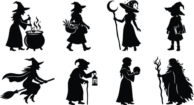 Set of black witch silhouettes featuring cauldron stirring broomstick flying spell casting and magic staff for Halloween graphics