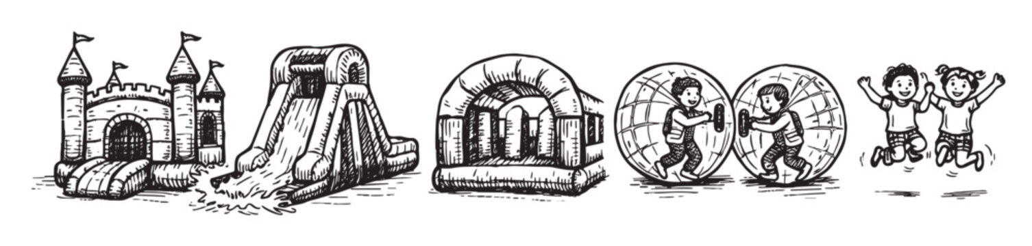 Various hand-drawn inflatable attractions and happy children playing, including a bouncy castle, water slide, and zorbing balls, on a clean white background