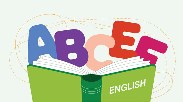 Colorful alphabet letters ABCDEF emerge from an open green English textbook, symbolizing language learning and reading