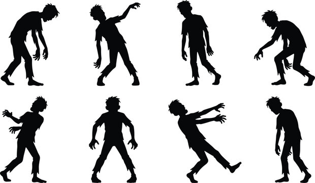 Set of black zombie silhouettes featuring walking creepy figures and spooky monster poses for Halloween design concepts