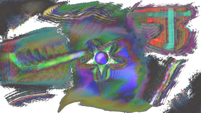 illustrazione digitale astratta e psichedelica dai toni cupi e magnetici, con sfumature di blu, verde e viola scuro interrotte da vividi accenti di luce e geometrie misteriose