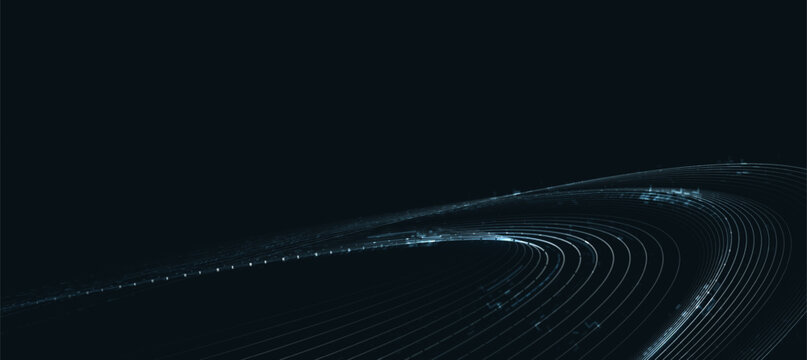 Abstract digital data science background with glowing curved light trails representing big data transfer and cyber network