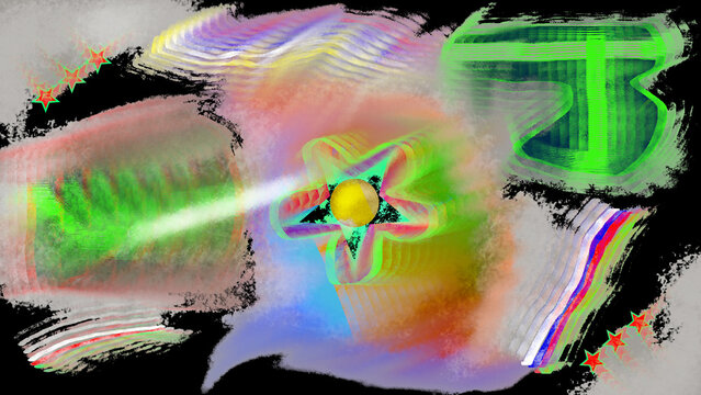 arte digitale astratta e psichedelica, caratterizzata da un'esplosione di colori vivaci, sfondi sfumati e forme geometriche dinamiche su uno sfondo nero