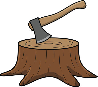 Sharp Metal Axe Embedded in Wooden Tree Stump Forestry Vector Illustration