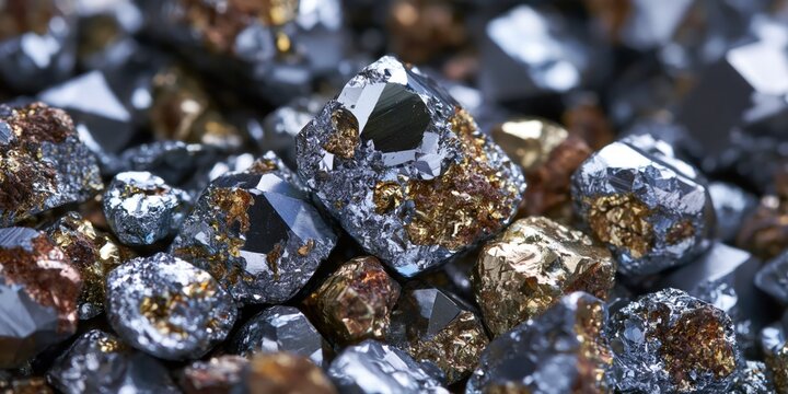 Close-up of shiny pyrite crystals with golden and silver metallic surfaces in a detailed macro shot.