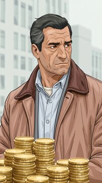 Serious man looking suspiciously at stacks of gold coins, wealth and greed concept illustration with city skyline background.