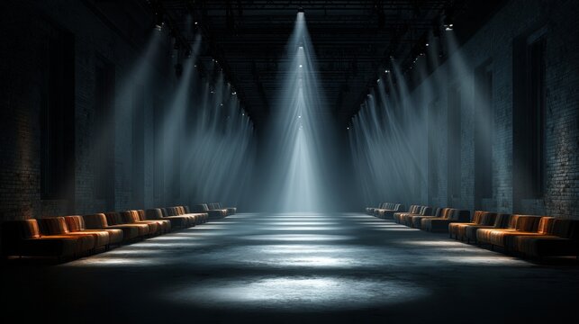 A dark runway hall with rows of seating and dramatic spotlights shining down from the ceiling against a brick background.