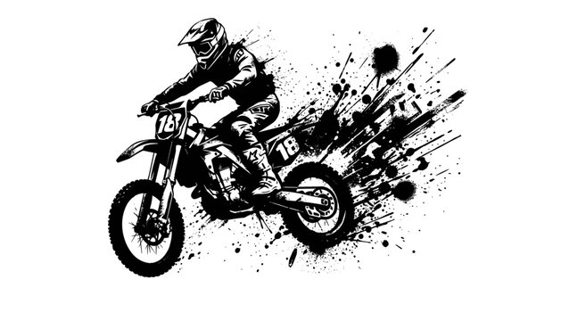Motocross Dirt Bike Rider Vector Graphic with Dynamic Ink Splatter and Speed Trails for Extreme Sports T-Shirt Designs, Posters, and Print Media