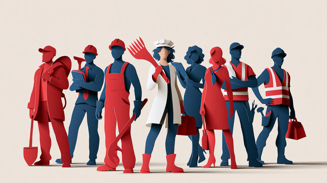 Paper-cut style silhouettes of people representing different professions holding tools and work equipment, Labor Day, workers' celebration, professional diversity, creative