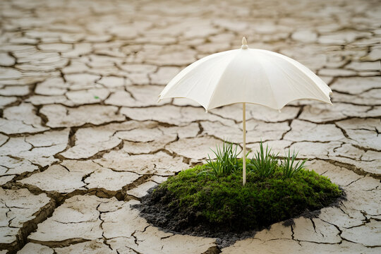 Green grass protected by umbrella on cracked dry earth, climate change and drought concept