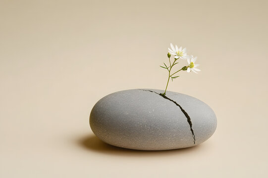 Wildflowers growing from cracked stone, concept of resilience, hope and growth through adversity