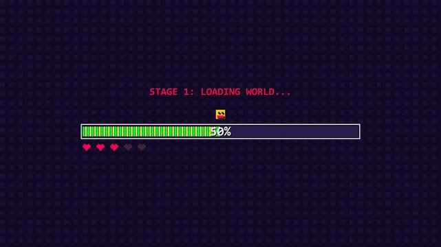 Pixelated video game loading bar animation with progress percentage and health hearts for a retro digital interactive adventure interface design