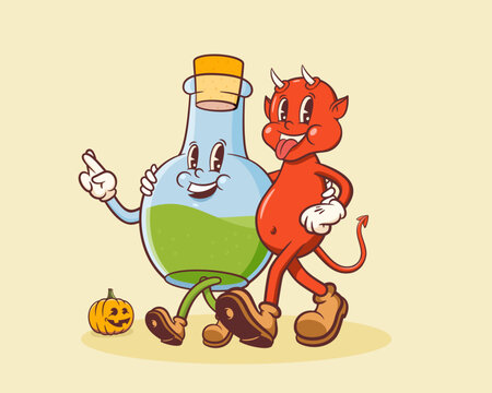 Groovy Halloween Retro Characters. Cartoon Pumpkin, Poison Flask and Imp. Vector Autumn Holiday Devil Mascot Templates. Happy Vintage Cool Scary Personage Illustrations Isolated