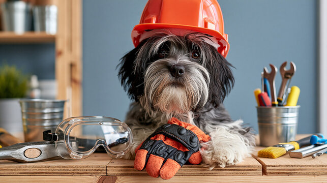 Dog wearing protective work helmet and sitting beside construction tools on a wooden workbench, Labor Day, workplace safety, construction industry concept, humorous holiday