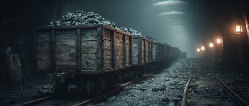 A line of wooden mine carts filled with coal sits on tracks inside a dark tunnel with glowing lights in the background.