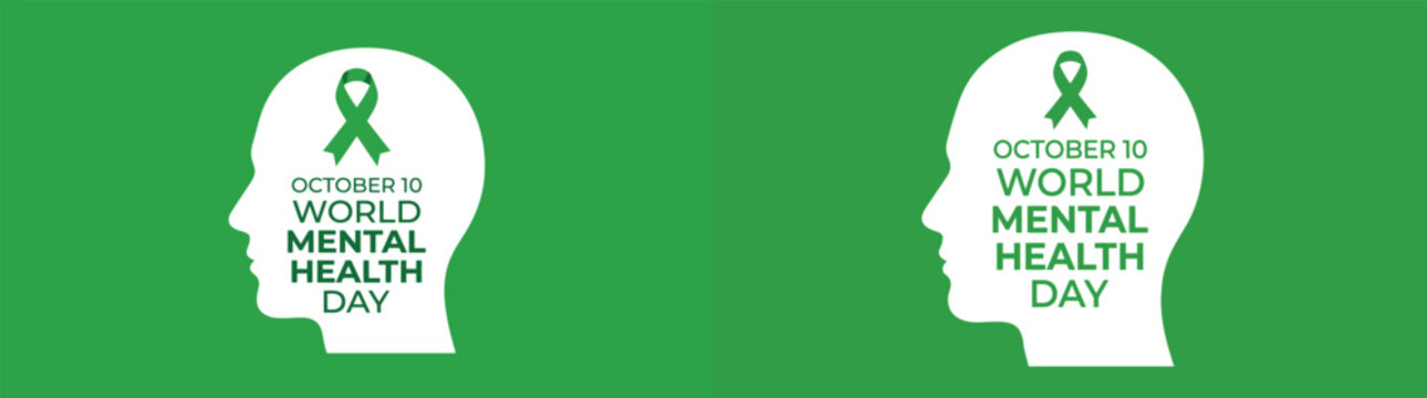 Green background graphic design for world mental health day featuring a human head silhouette and awareness ribbon