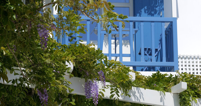 View of a blue balcony with a small table and chair, adorned with blooming purple wisteria flowers on a white pergola in Mykonos, Greece.