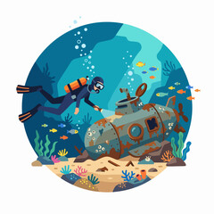 Naklejka premium Vector illustration of a deep sea diver searching a wrecked submersible among coral reefs and tropical fish schools