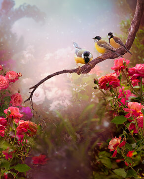 Tit birds sitting on tree branch and rose flower blooming in fantasy whimsical garden, mysterious fairy tale dreamy early morning background with flock of three cute songbirds perched on twig.