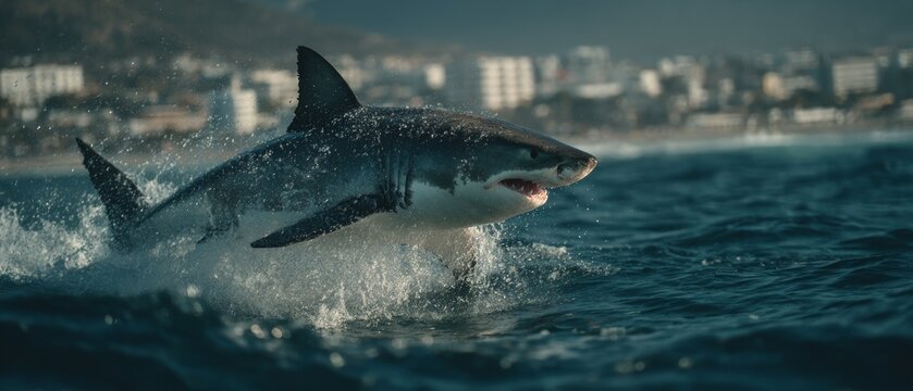 A great white shark breaches the ocean surface with a blurred cityscape in the background.