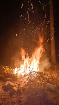 A bonfire blazes with large orange yellow flames reaching upward as sparks and embers fly into the dark night sky. Burning branches and foliage form the bright base, illuminating rocky ground.