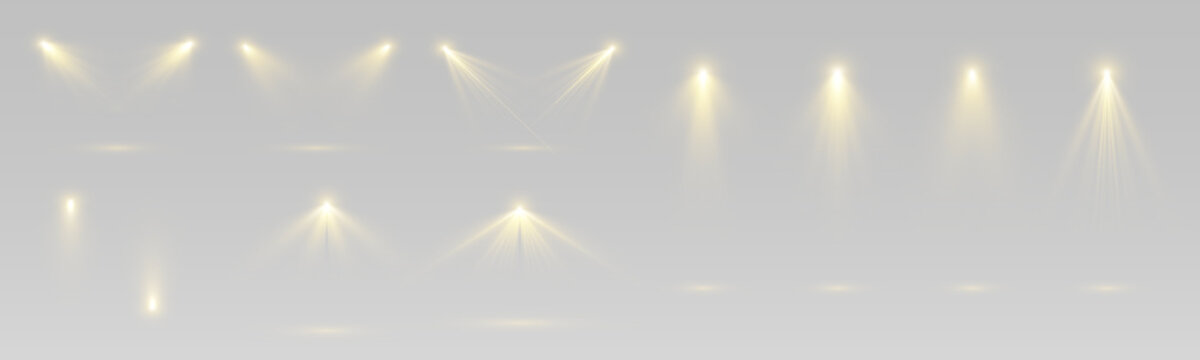 Golden theater light beam shines from above with a soft glow. Bright yellow rays form a clean spotlight. Isolated vector effect for stage and studio designs.