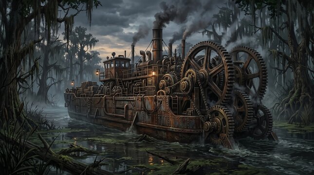 Large steampunk paddle boat in a dark foggy swamp