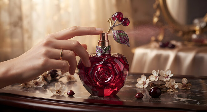Spritzing luxury ruby red rose perfume with jeweled cherry cap on marble