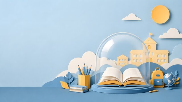Symbolic paper cut scene of an open school book beneath a transparent protective dome, surrounded by school supplies and subtle school silhouettes in peaceful blue tones. Generative AI.