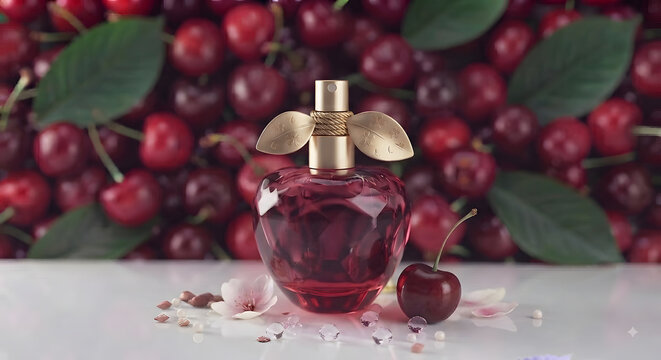 Faceted red perfume bottle amidst fresh fruit