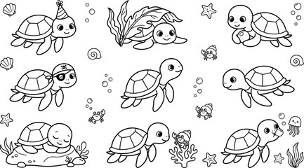 Fototapeta premium Cute Sea Turtle Characters Coloring Page Vector Set with Happy Baby Turtles Marine Animals Shells and Seaweed Outline Illustration for Kids Activity Books